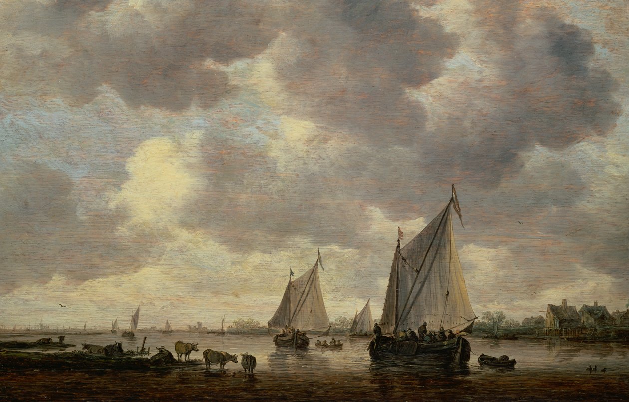 Un Canale in Olanda, o Due Grandi Navi a Vela e Bestiame Vicino a un Fiume da Jan Josephsz van Goyen