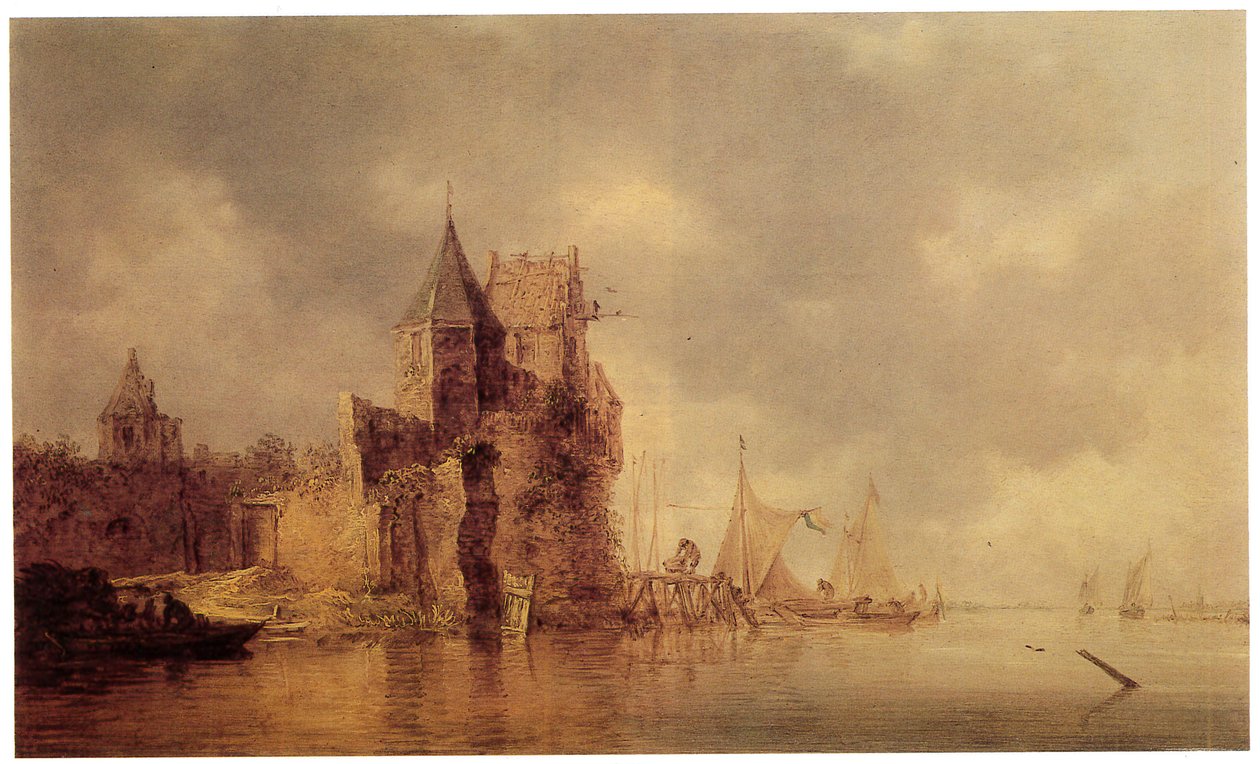 Una torre medievale su un bastione del castello con navi a vela a un molo e una barca a remi in primo piano, c.1642 da Jan Josephsz van Goyen