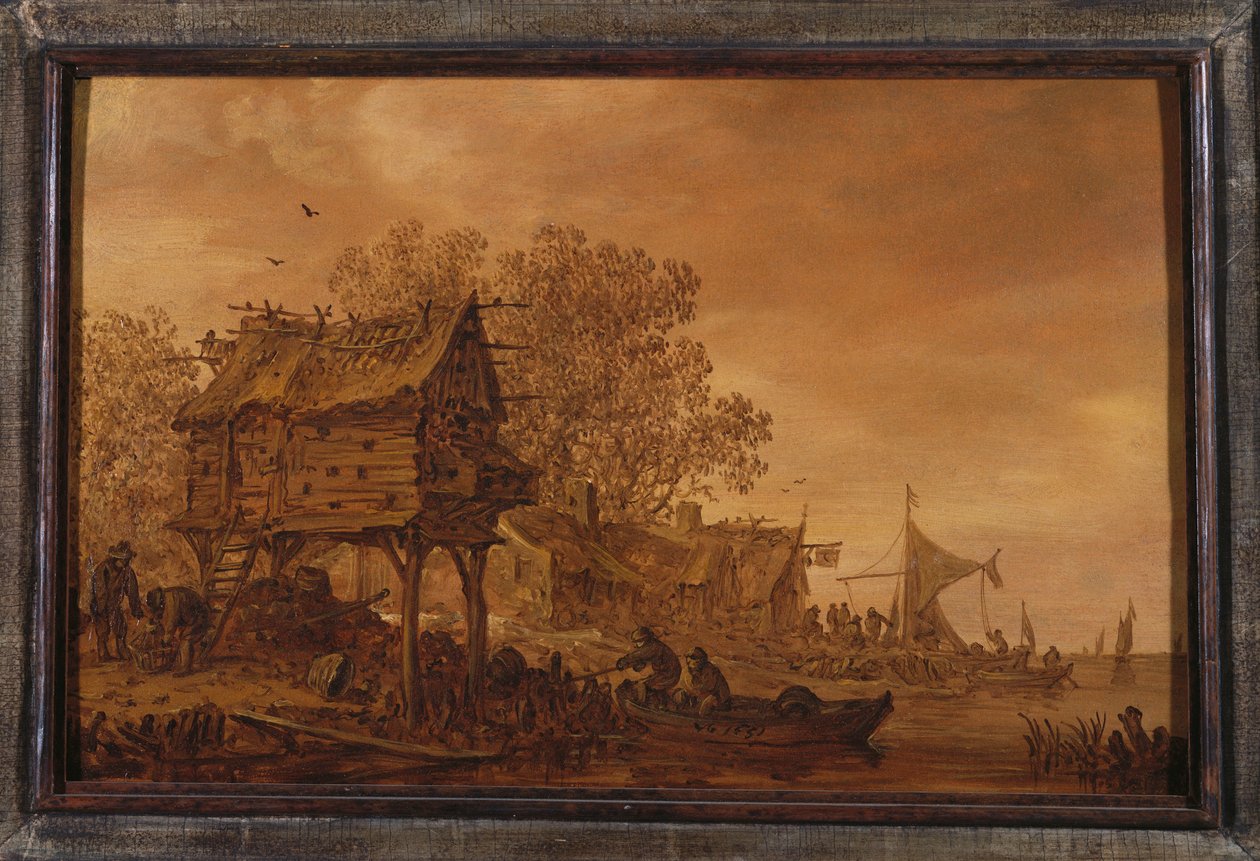Un Villaggio su una Riva del Fiume con Contadini in Barca vicino a una Colombaia da Jan Josephsz van Goyen
