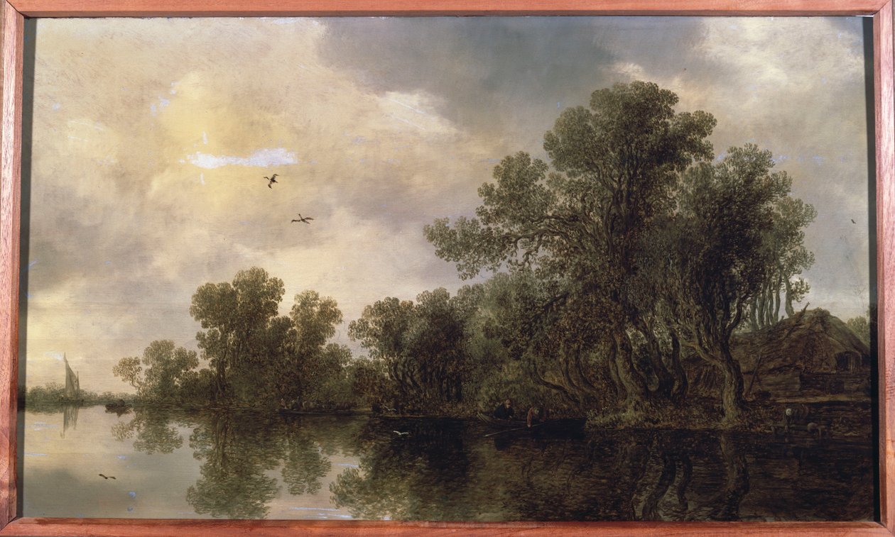 Paesaggio fluviale boscoso, con contadini in una barca a remi vicino a un cottage e un traghetto, una barca a vela in lontananza, 1633 da Jan Josephsz van Goyen