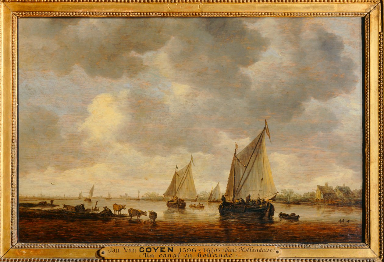 Deux grandes barques à voiles sur un fleuve et bestiaux près de la rive - Due grandi barche a vela su un fiume e animali sulle rive ... da Jan Josephsz van Goyen