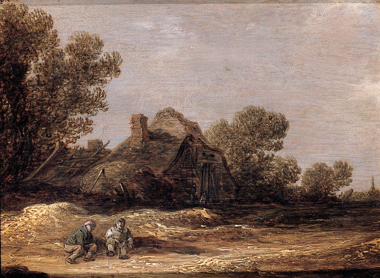 Contadini che riposano su un sentiero vicino a una fattoria - un frammento da Jan Josephsz van Goyen