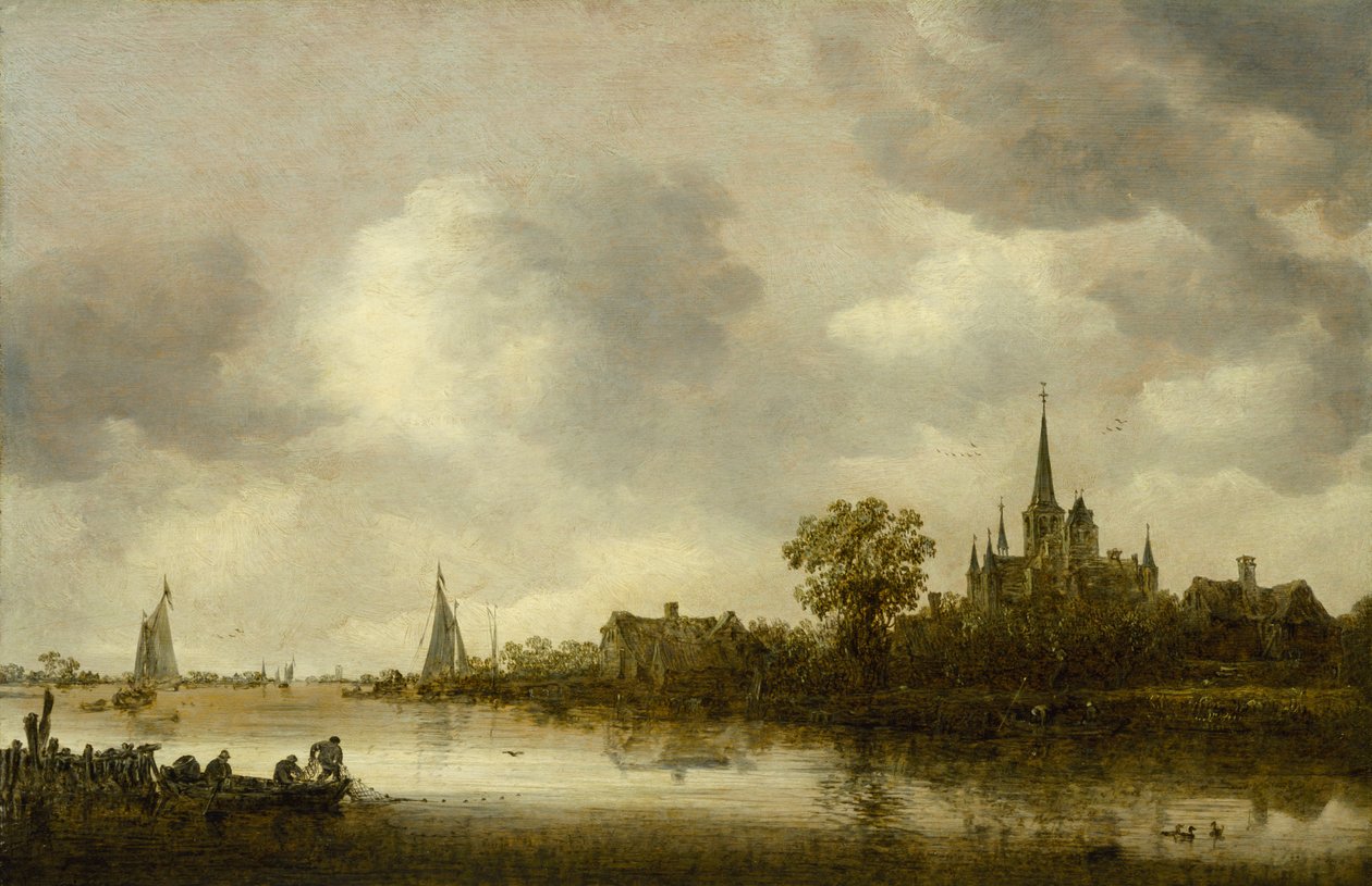 Paesaggio fluviale con una chiesa in lontananza da Jan Josephsz van Goyen