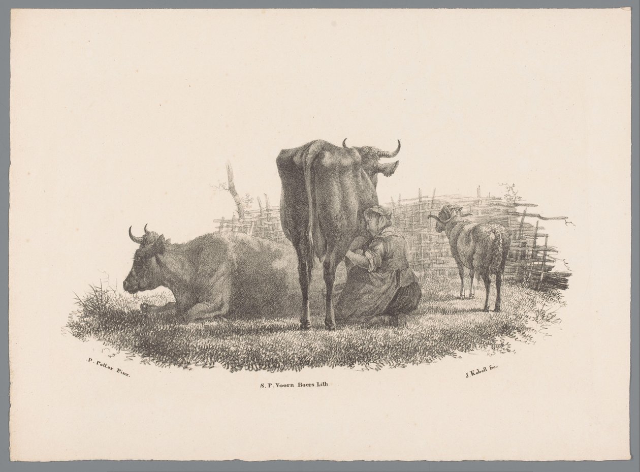 Contadina che munge, due mucche e un ariete da Jan Kobell (III)