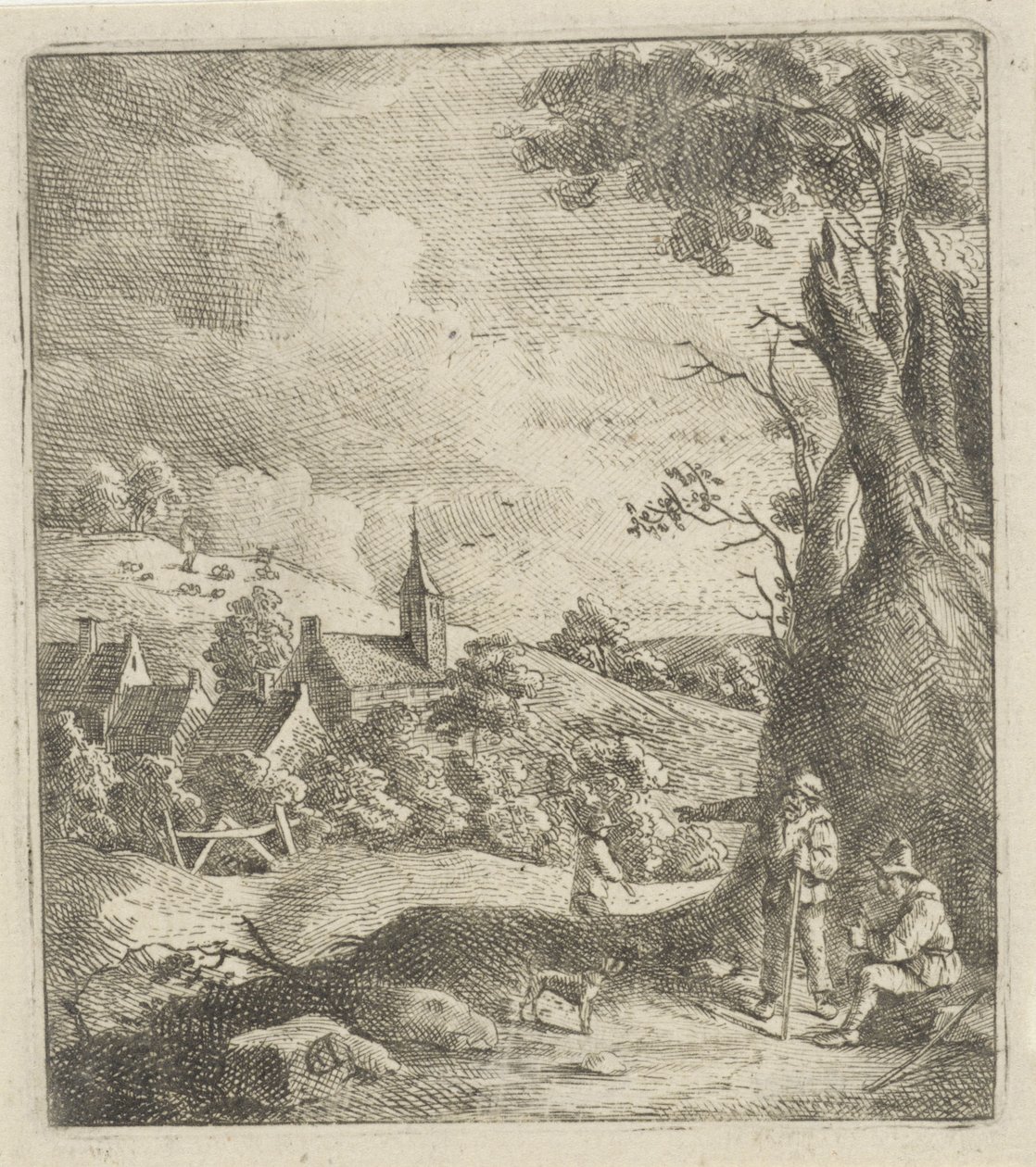 Paesaggio con un villaggio e due uomini vicino a un albero da Jan Lauwryn Krafft (I) (attributed to)