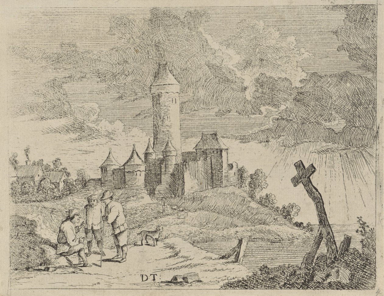 Paesaggio con castello e tre uomini da Jan Lauwryn Krafft (I) (possibly)