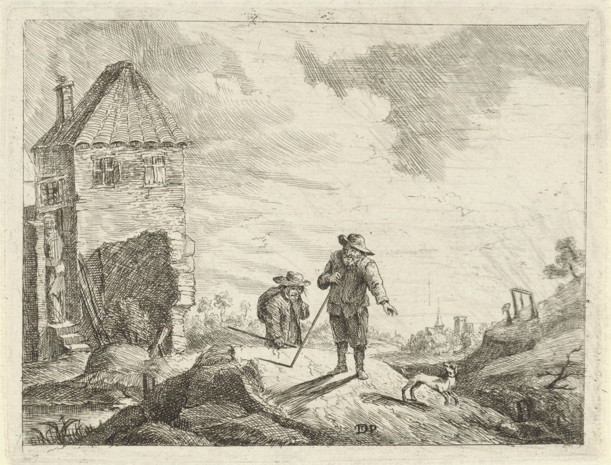 Due contadini con un cane su una strada di campagna da Jan Lauwryn Krafft (I) (possibly)