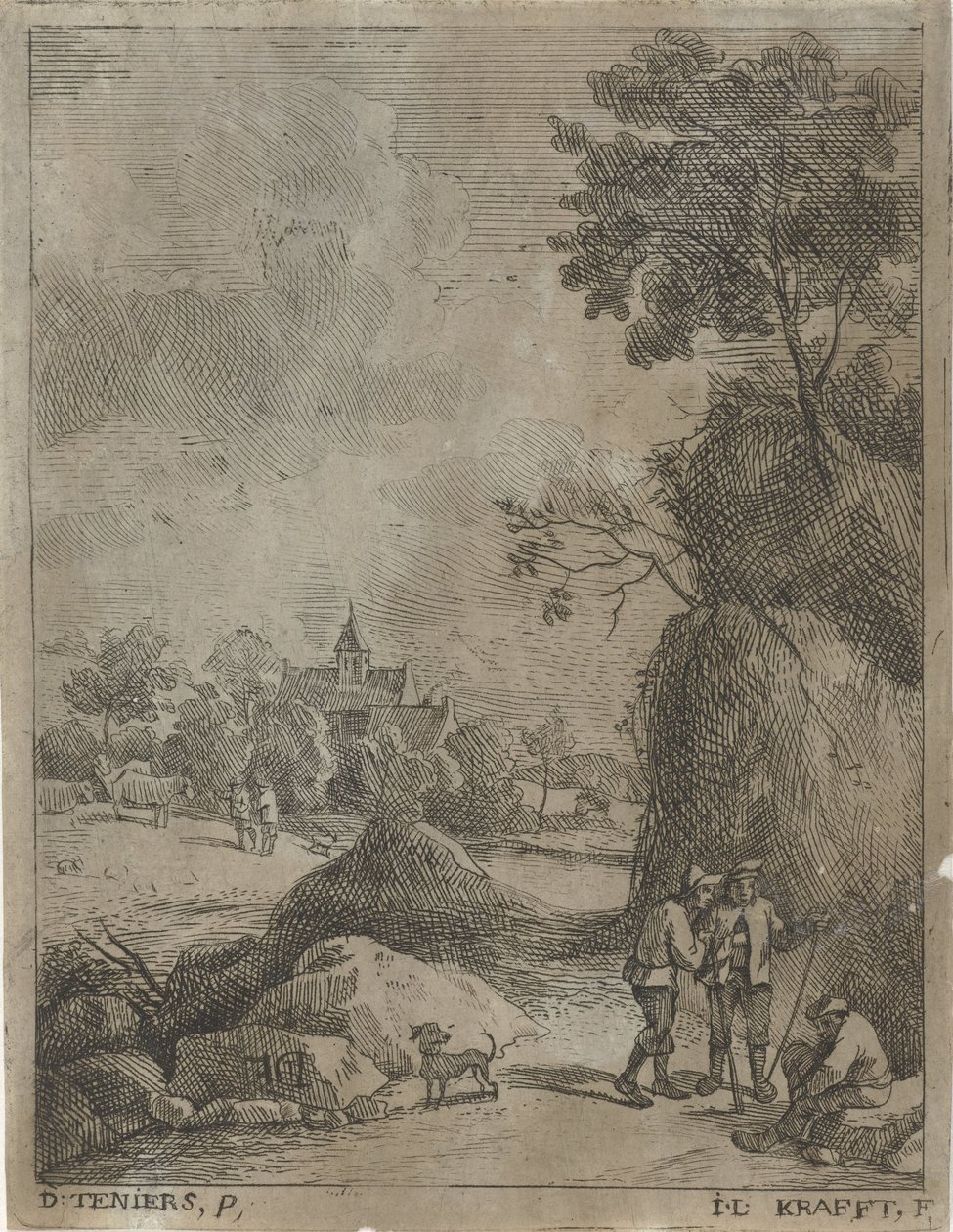 Paesaggio con viaggiatori e due pastori da Jan Lauwryn Krafft (I)