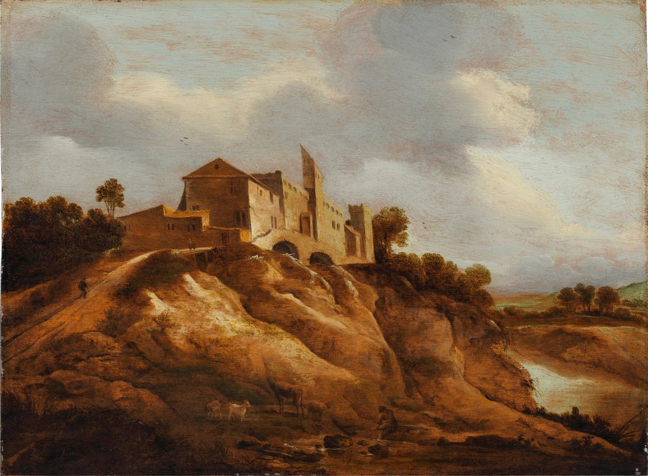 Un paesaggio roccioso con un castello fortificato che si affaccia su un fiume da Jan Lievens