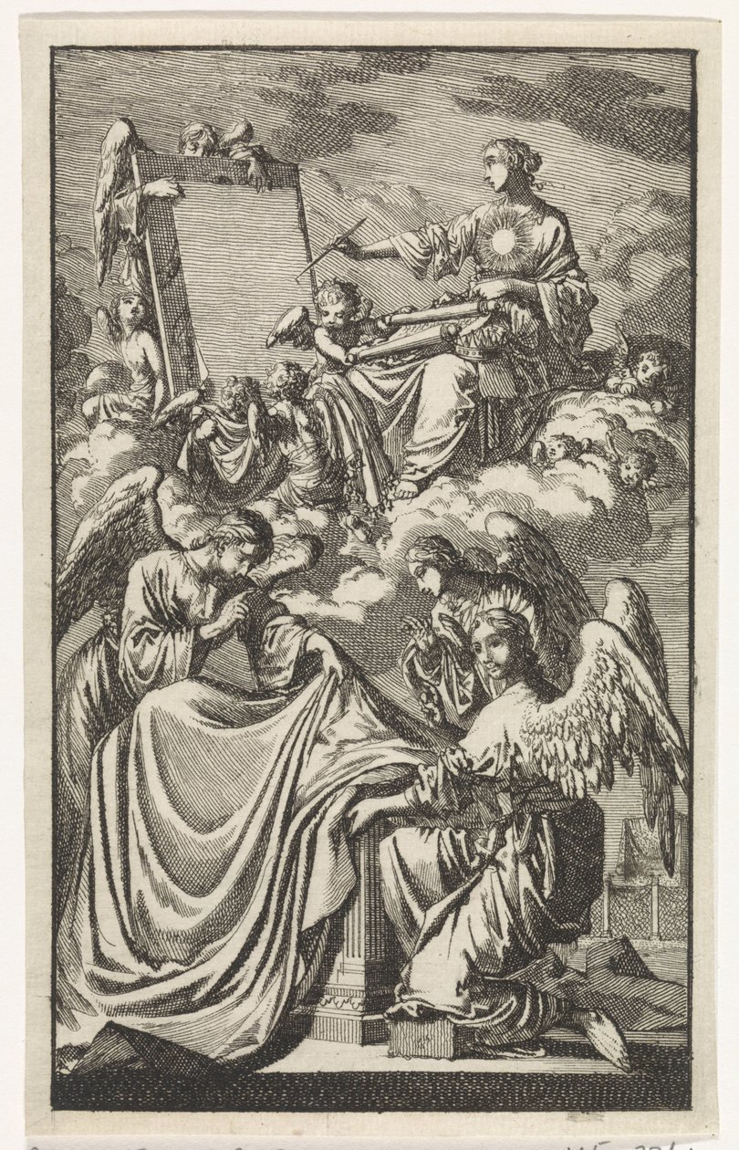 Figura allegorica femminile scrive un pannello tra le nuvole da Jan Luyken