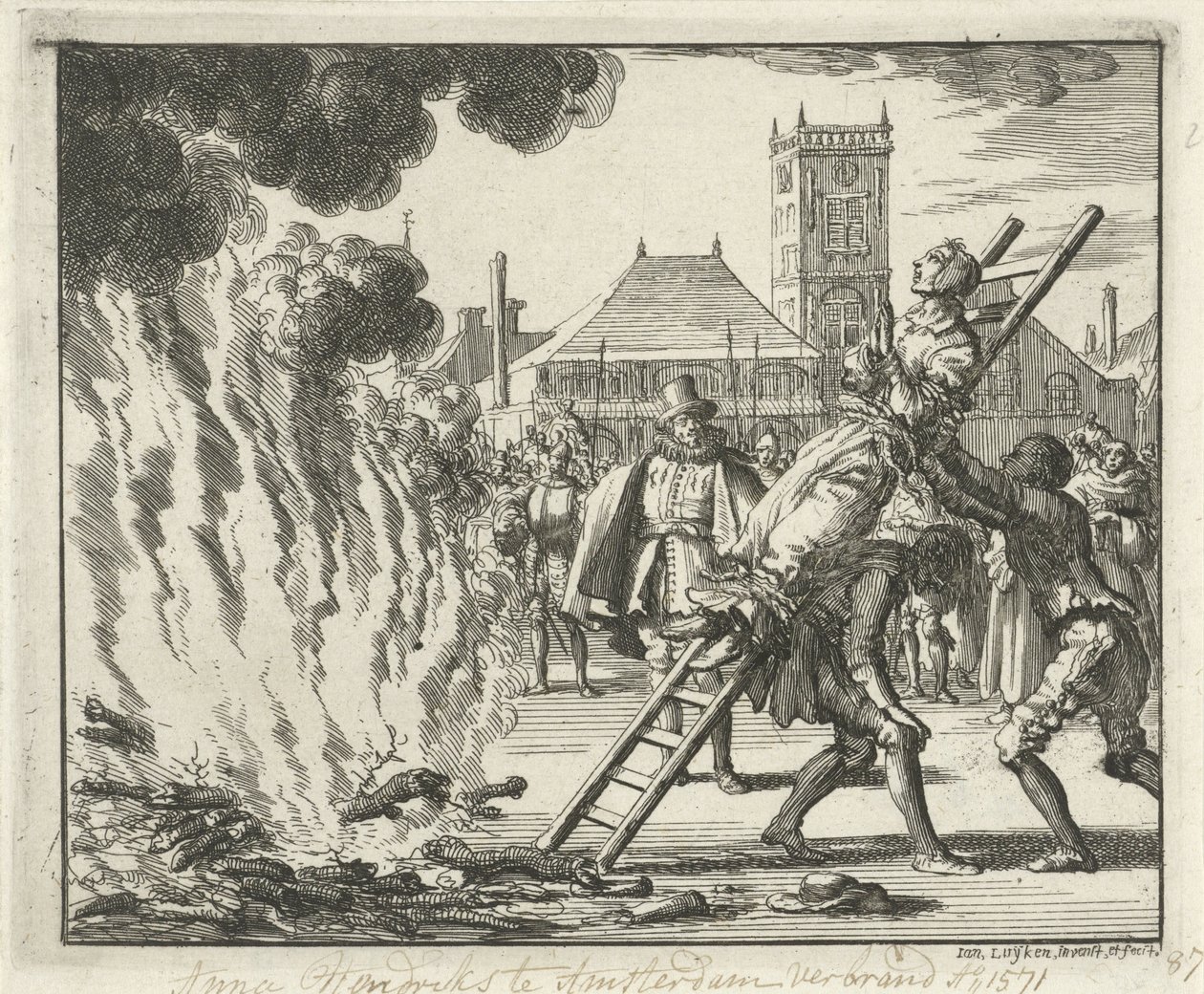 Anneken Hendriks, legata a una scala, bruciata ad Amsterdam, 1571, 1685 da Jan Luyken