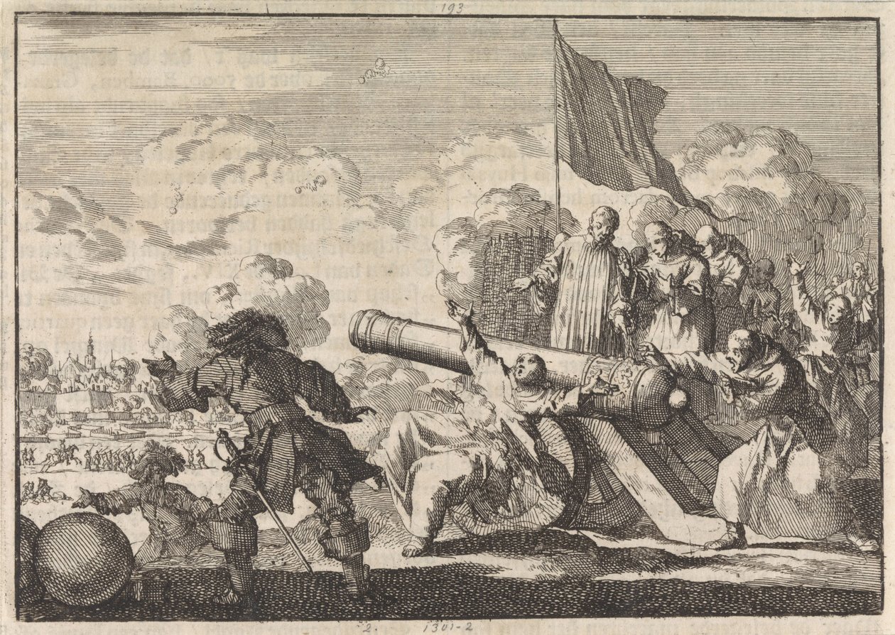 Assedio di Groningen con un cannone benedetto da sei monaci, 1672 da Jan Luyken