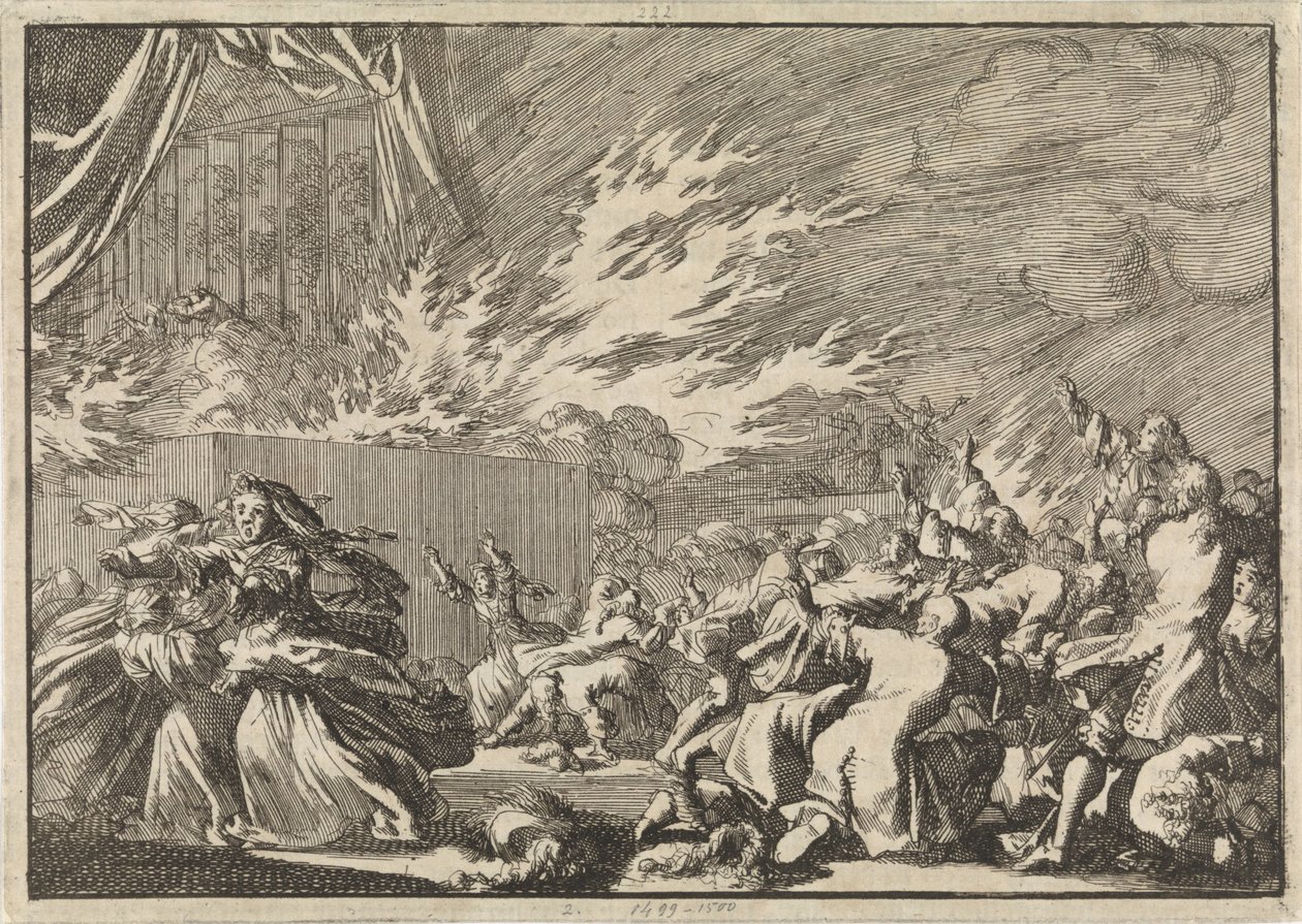 Incendio di un capannone di legno durante una rappresentazione teatrale vicino al castello di Amalienborg a Copenaghen, 1689 da Jan Luyken