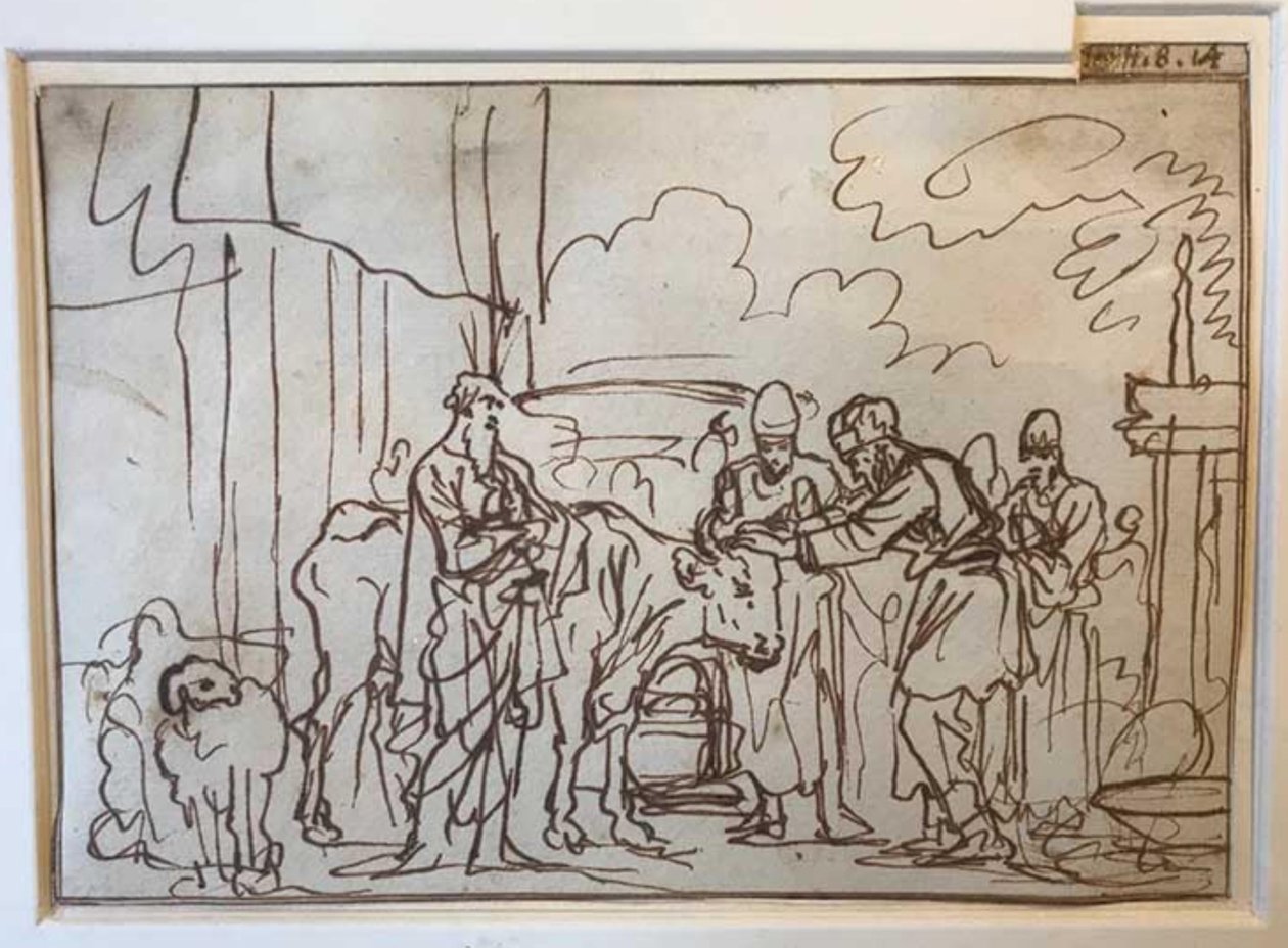 Il toro viene presentato per il sacrificio espiatorio, Aronne e i suoi figli pongono le mani sulla sua testa (Lev. 8,14) da Jan Luyken