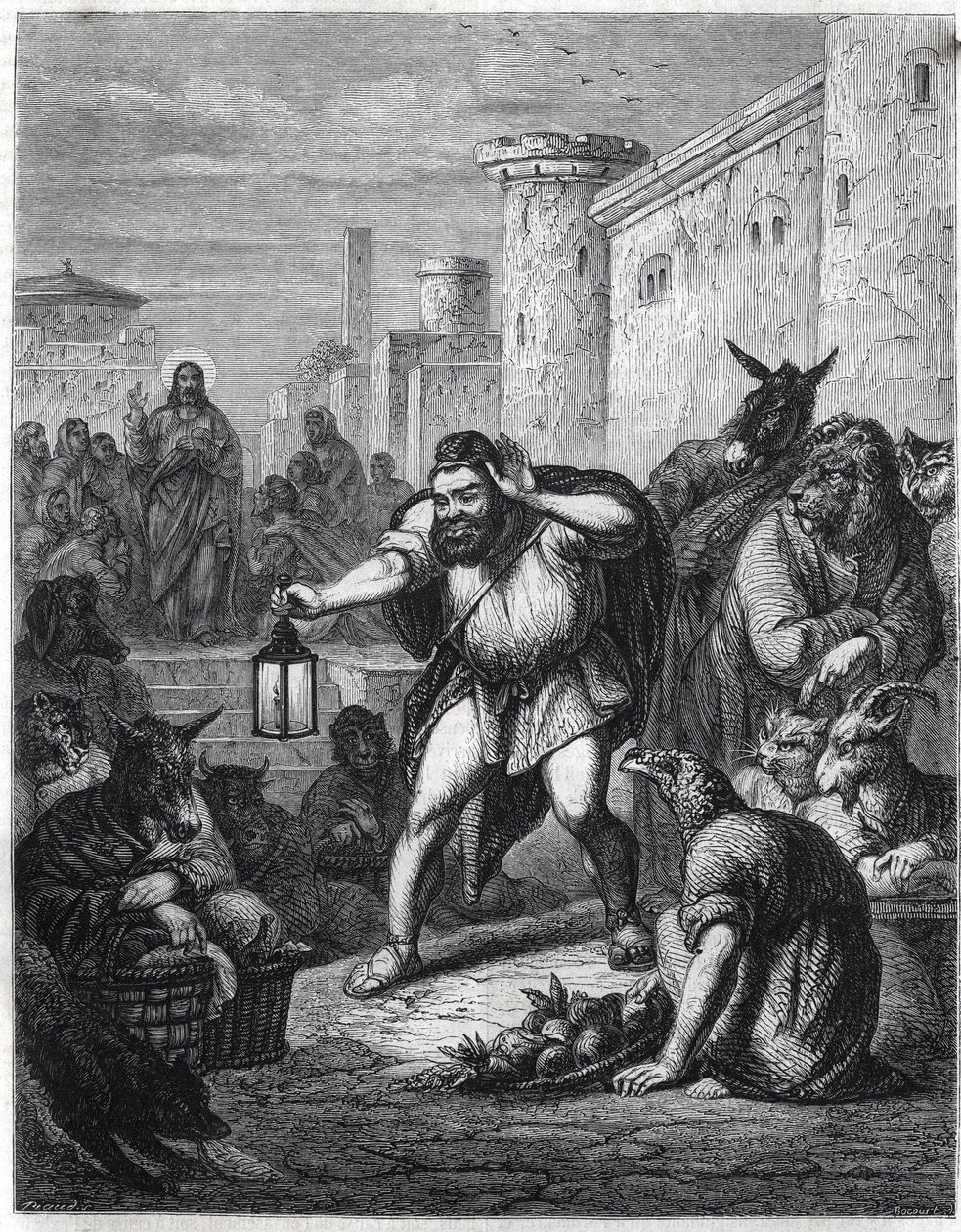 Esopo e Cristo: lo scrittore greco Esopo (VI secolo a.C.), con una lanterna in mano, attraversa una passeggiata tra personaggi con teste di animali in cerca di 