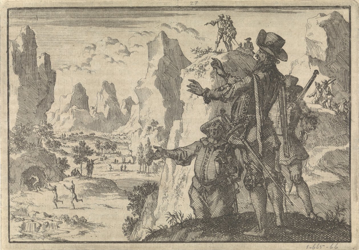 Spagnoli armati guardano giù dalle rocce su persone completamente selvagge, ca. 1600 da Jan Luyken
