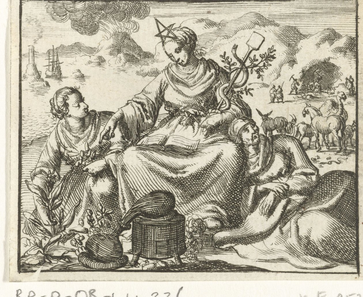 Salute (Sanitas) affiancata da una donna malata e una donna che raccoglie erbe da Jan Luyken