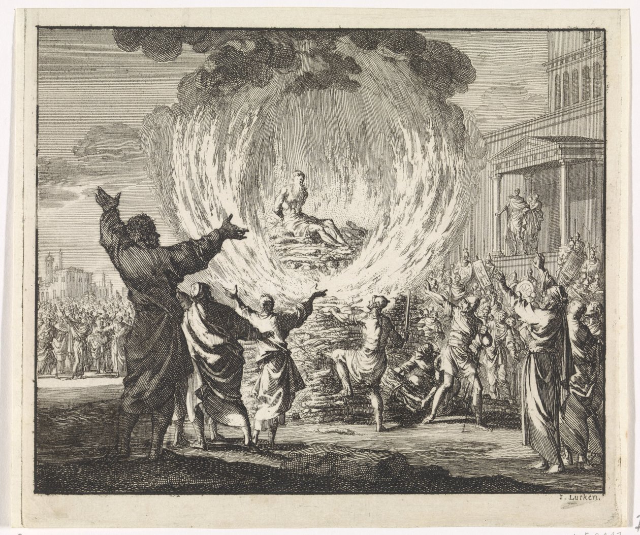 San Policarpo viene messo su una pira ma le fiamme non lo bruciano da Jan Luyken