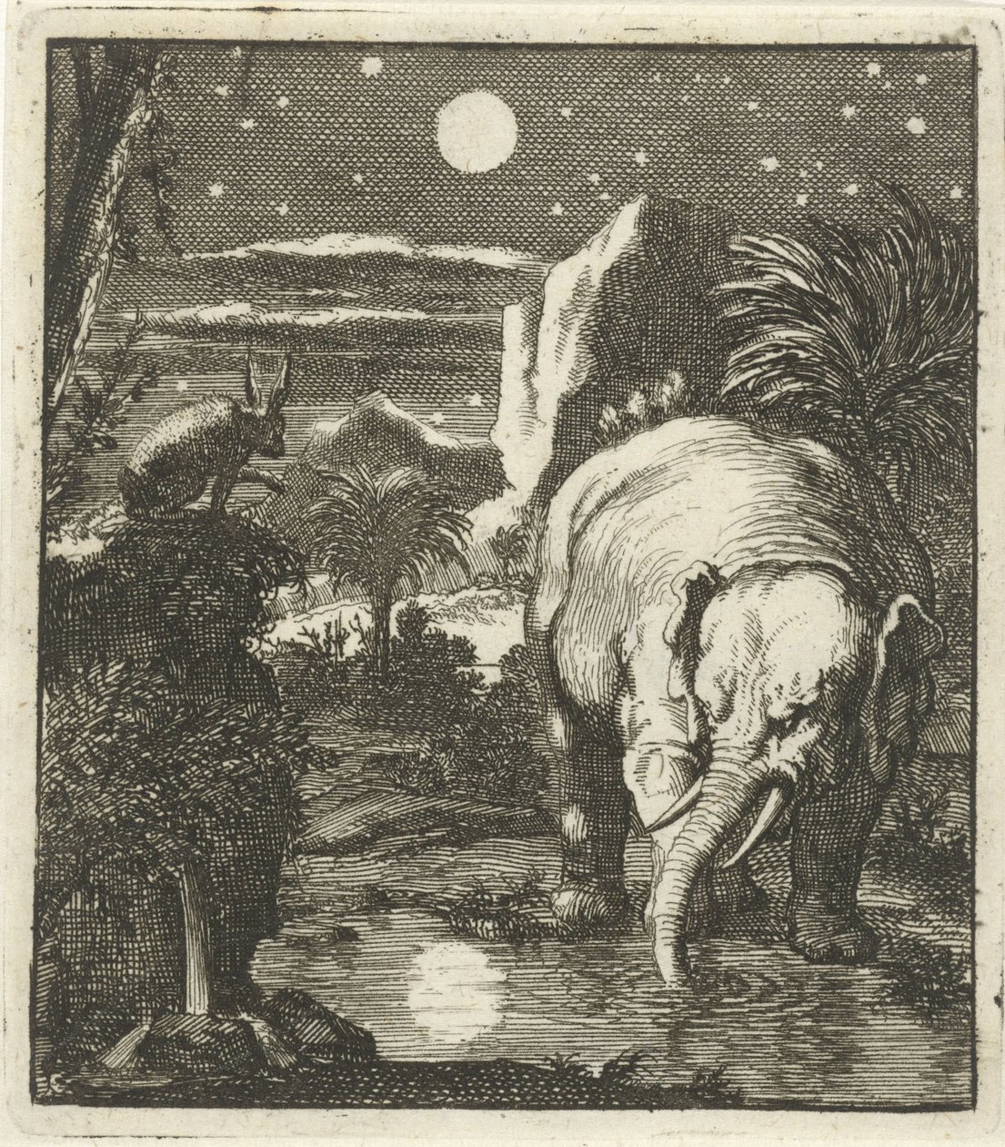Lepre ed elefante con luna piena presso una sorgente da Jan Luyken