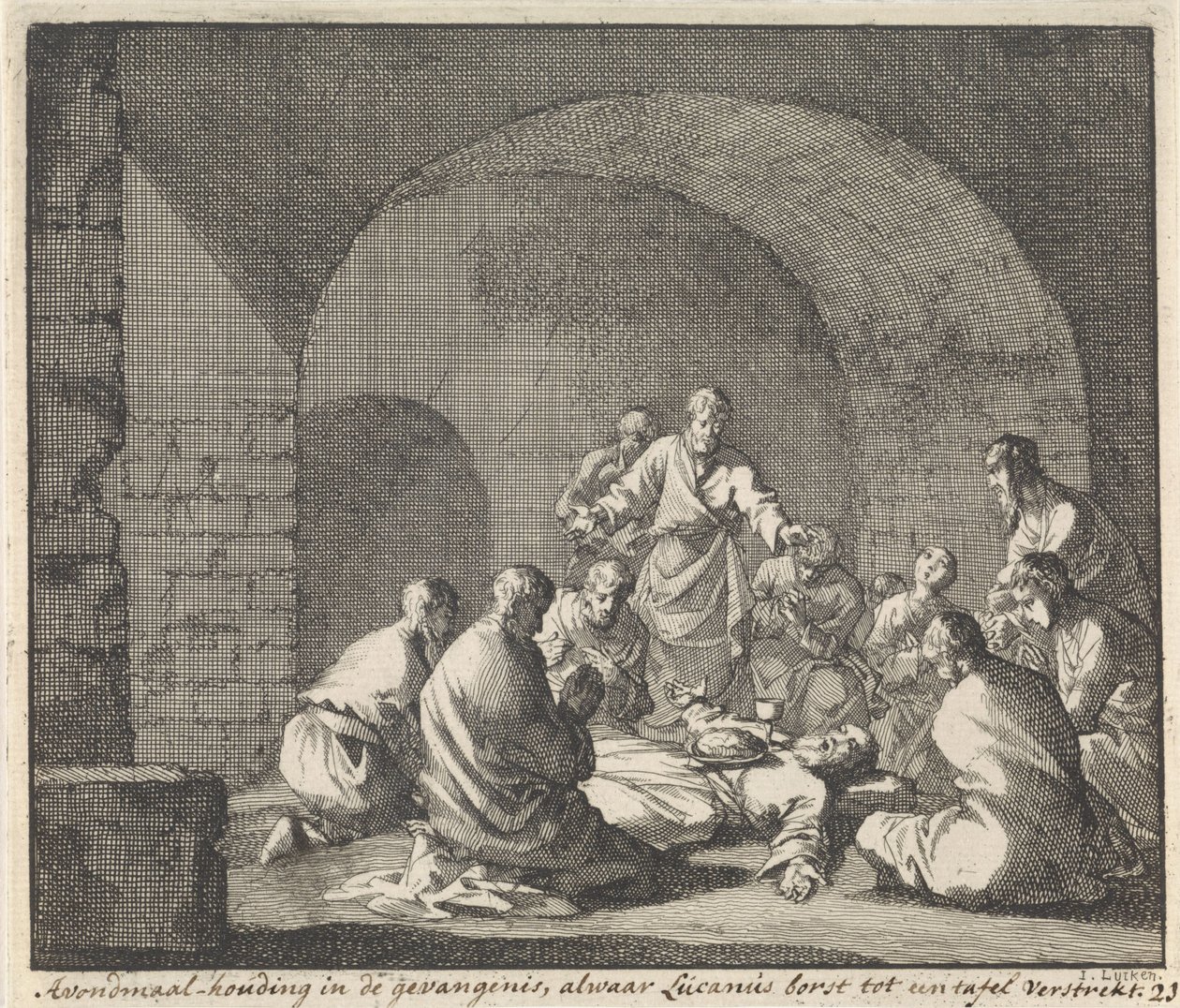 San Luciano celebra la cena in prigione da Jan Luyken