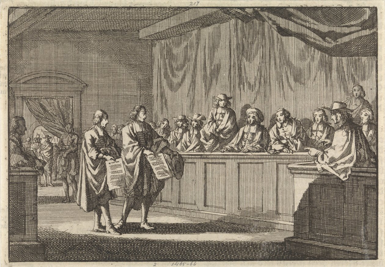 Predicatori riformati Gilly e Courdil leggono una dichiarazione al sinodo di Sorges per passare alla chiesa cattolica, 3 giugno 1683 da Jan Luyken