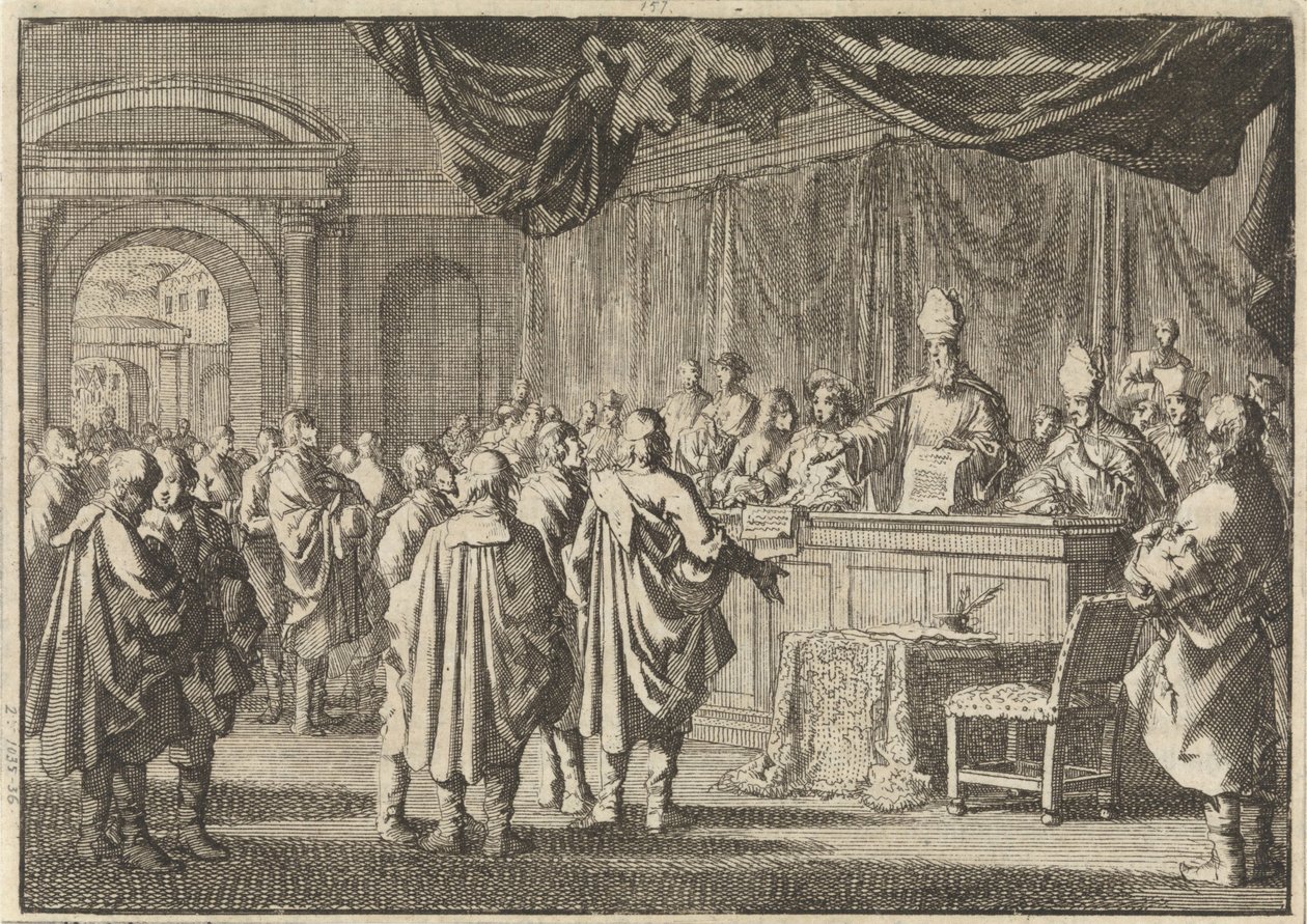 Riformati in Ungheria davanti a un tribunale di vescovi e altri cattolici, 1670 da Jan Luyken