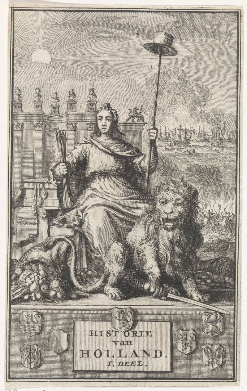 Vergine Olandese (pagina del titolo per: F. de la Neuville, Historie van Holland dl. I, 1704) da Jan Luyken