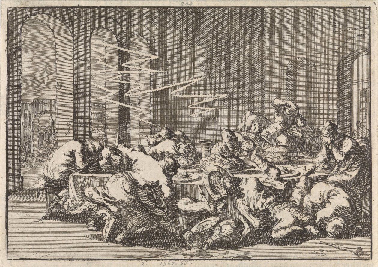 Nel villaggio polacco di Perzyn, 23 persone muoiono a causa di un fulmine durante un banchetto di battesimo, 1676 da Jan Luyken
