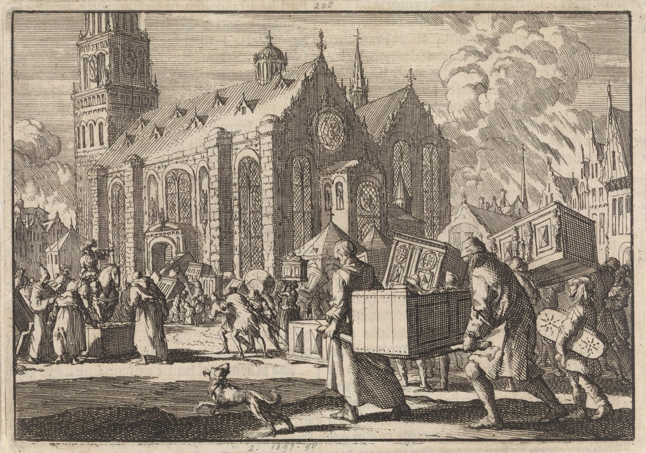Gli abitanti di Spira portano fiduciosi i loro mobili al Duomo dove vengono poi bruciati dal generale francese Monclar, 1689 da Jan Luyken