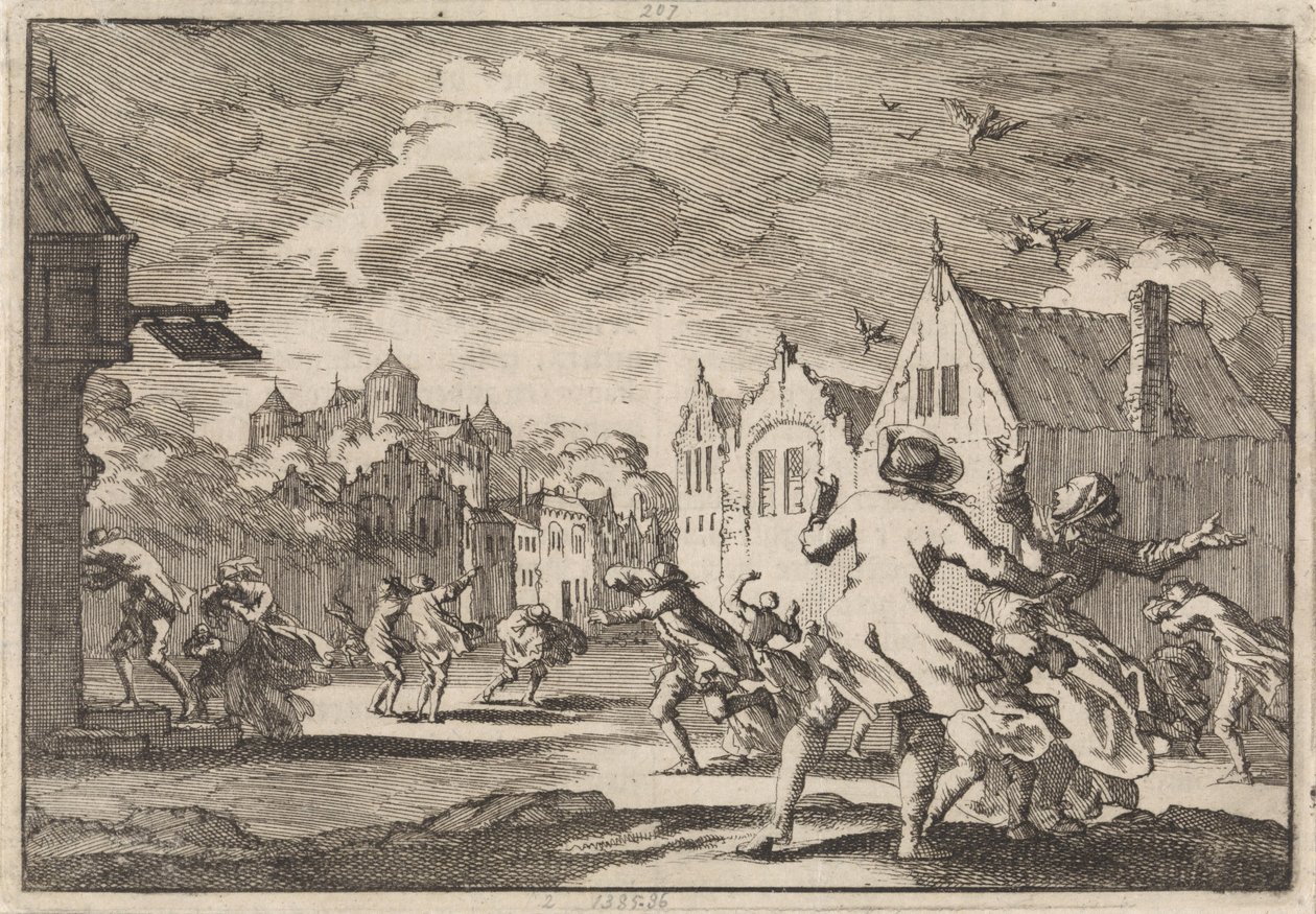 Gli abitanti di un villaggio vicino al castello di Luchow a Lüneburg sono colpiti da un tornado che fa cadere gli uccelli morti dal cielo, 1671 da Jan Luyken