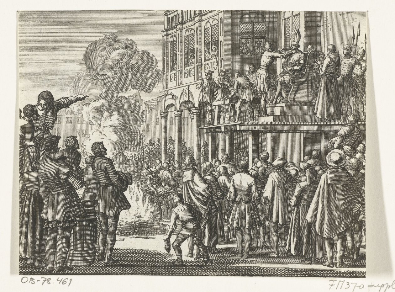 Jacob van Campen con mitra sul capo sul patibolo ad Amsterdam, 1535 da Jan Luyken