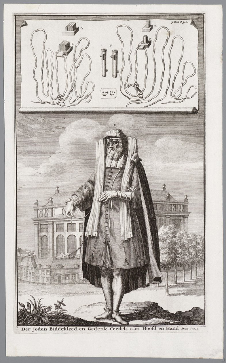 Ebreo vestito per la preghiera. Sullo sfondo la Sinagoga Portoghese di Amsterdam da Jan Luyken