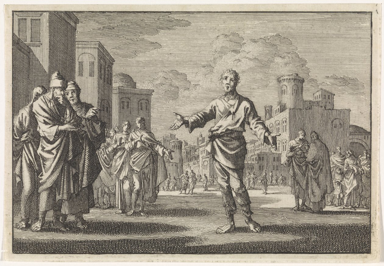 Gesù, figlio di Anania, attraversa le strade di Gerusalemme da Jan Luyken