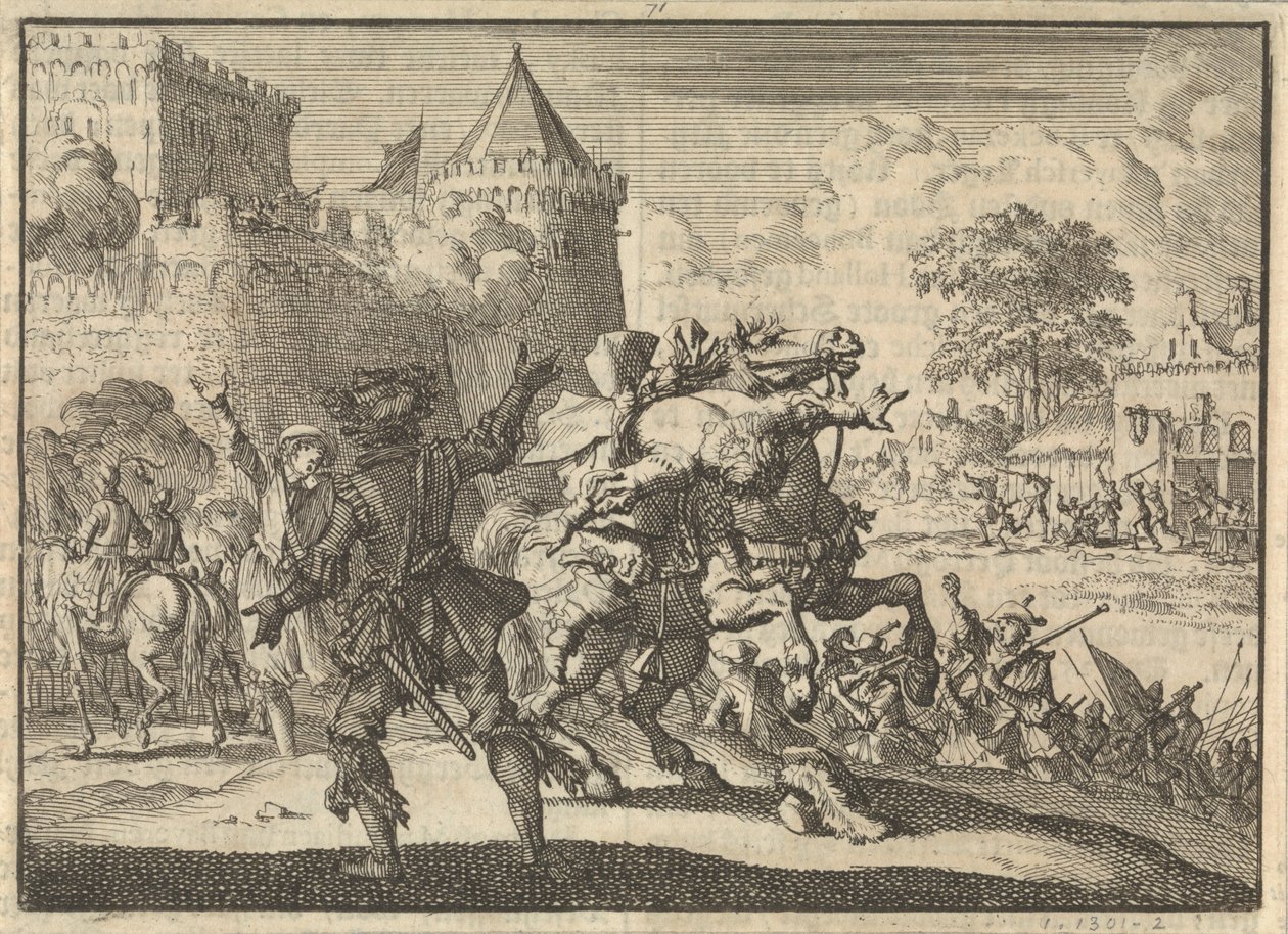 Il comandante imperiale Dampier cade dal cavallo dopo un colpo dalle mura di Presburgo (Bratislava), 1620 da Jan Luyken
