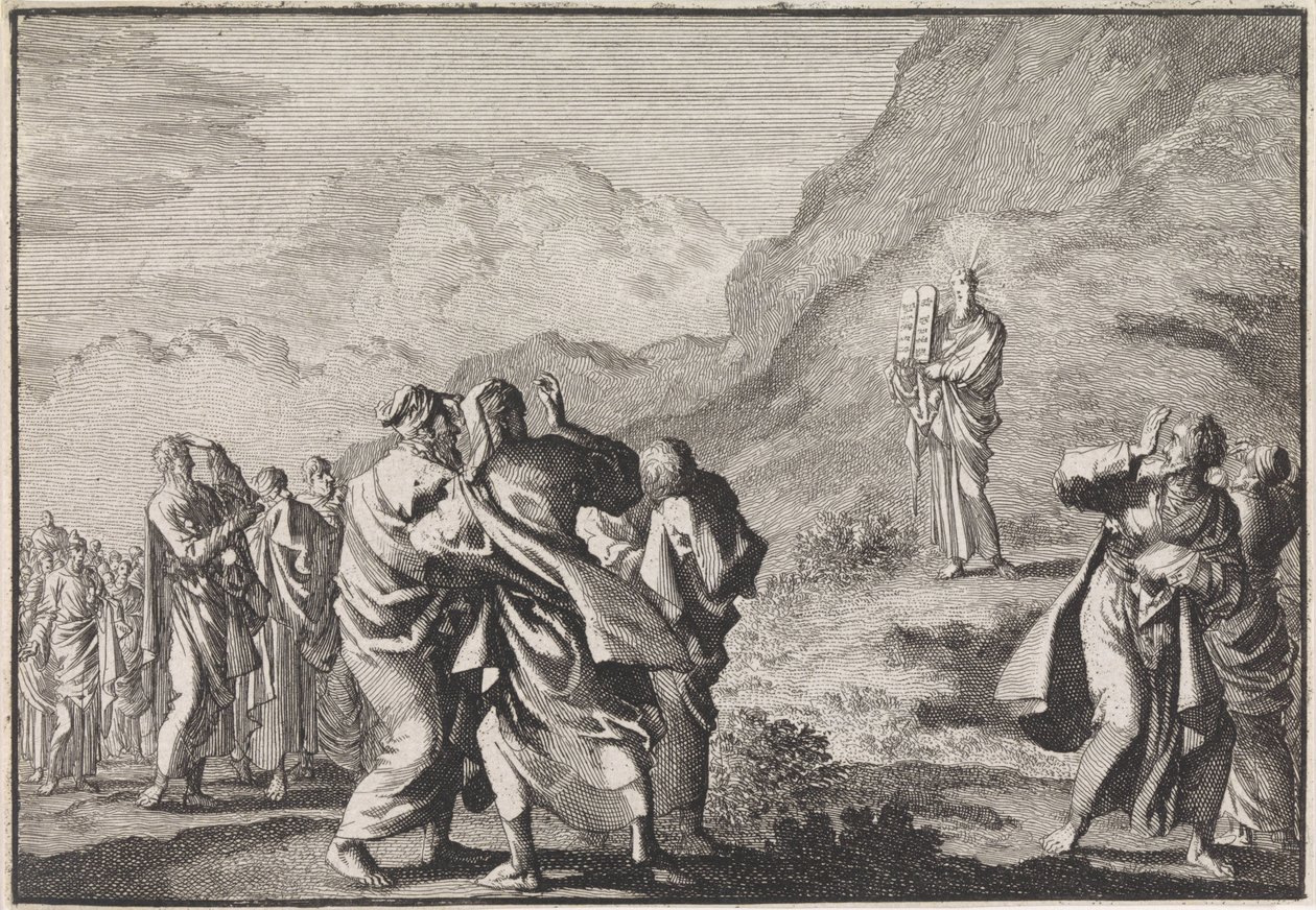 Mosè riceve le tavole della legge e le mostra al popolo da Jan Luyken