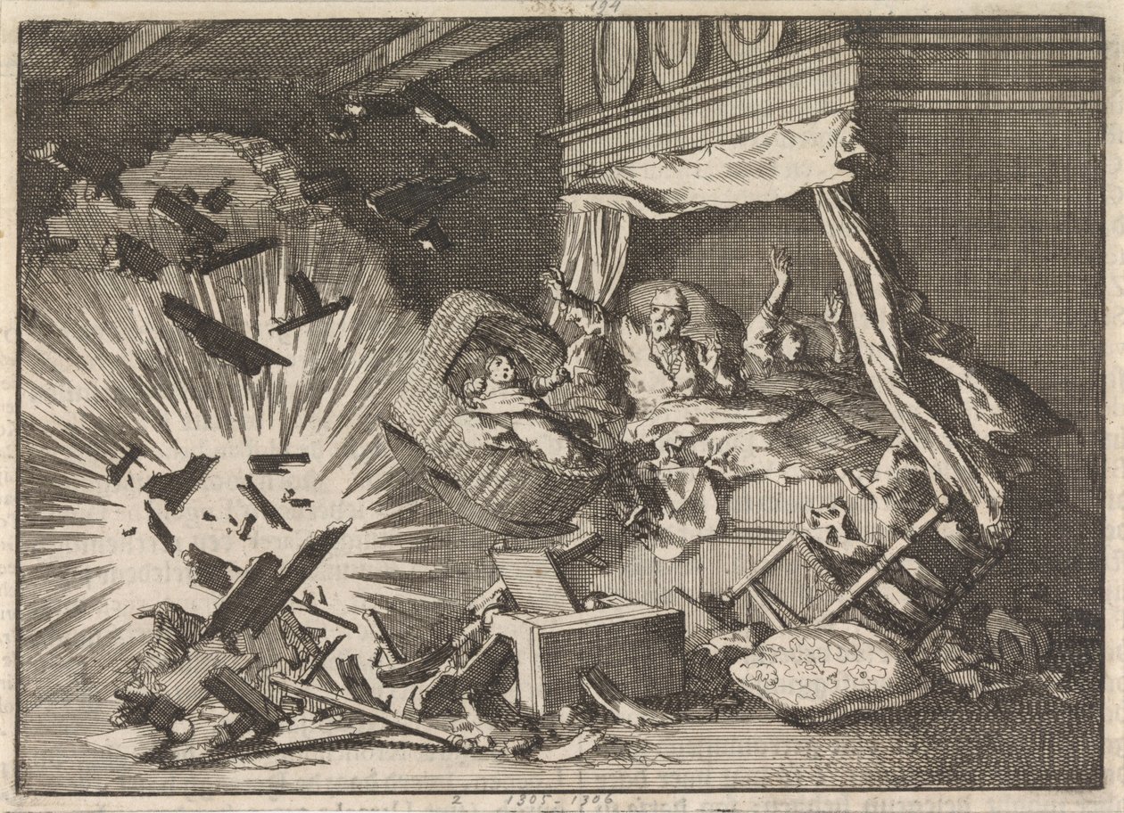 Esplosione di una bomba in una casa in Ebbingestraat a Groningen, 1672 da Jan Luyken
