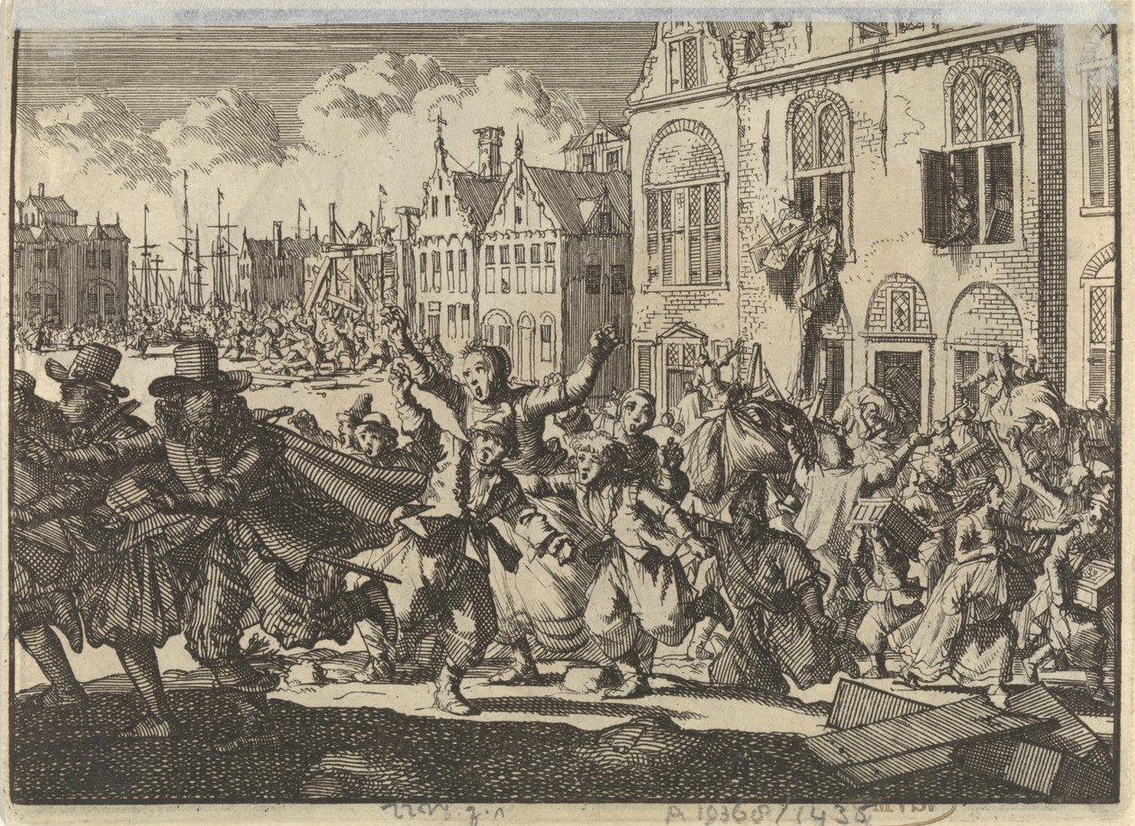 Rivolta a Enkhuizen con distruzione delle case dei viceammiragli Kwast e Turk, 1635 da Jan Luyken