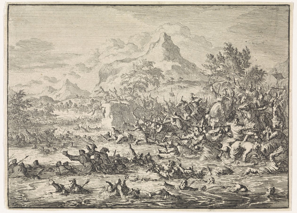 Placidus sconfigge gli ebrei al Giordano e li spinge nel fiume da Jan Luyken