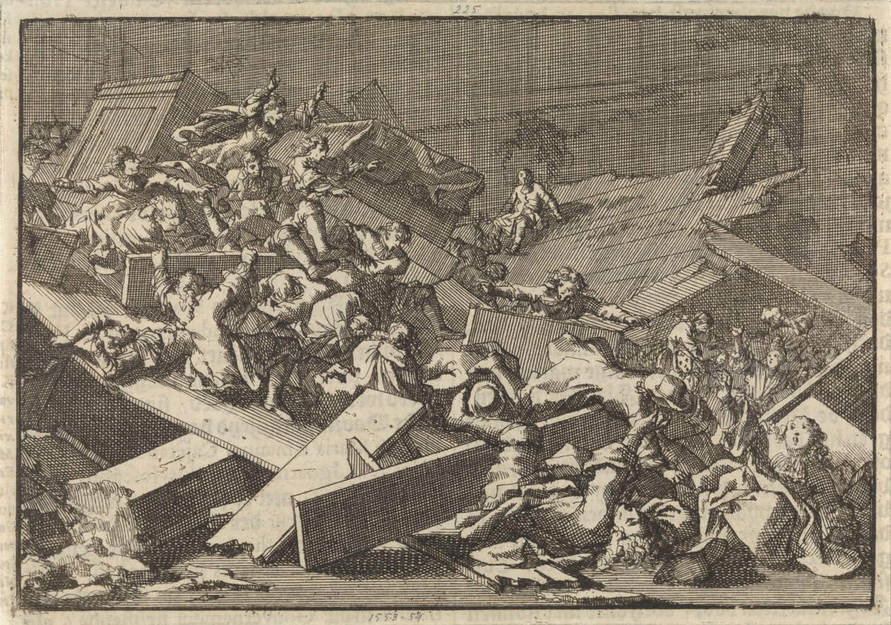 Il pavimento della chiesa domestica del conte imperiale von Bercka crolla, 1697 da Jan Luyken