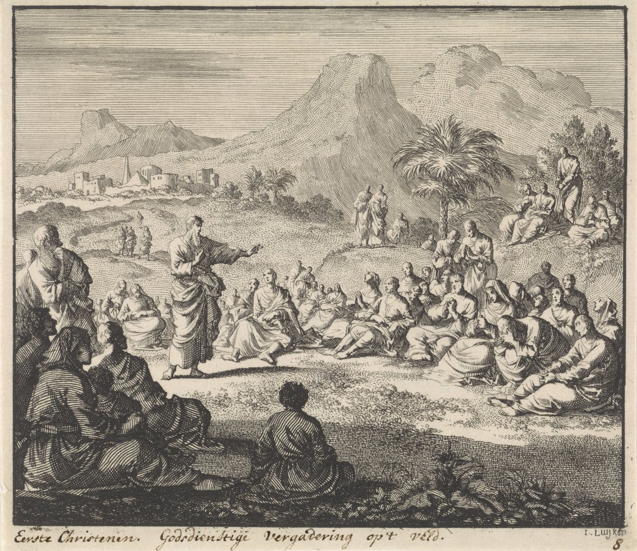 Primi cristiani ascoltano un sermone nel deserto da Jan Luyken