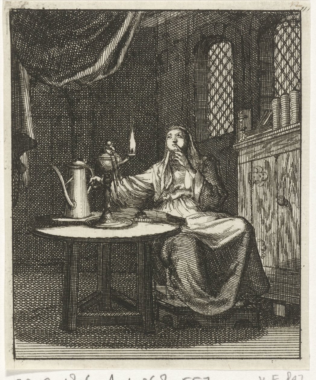 Donna contempla la fiamma di una lampada a olio da Jan Luyken