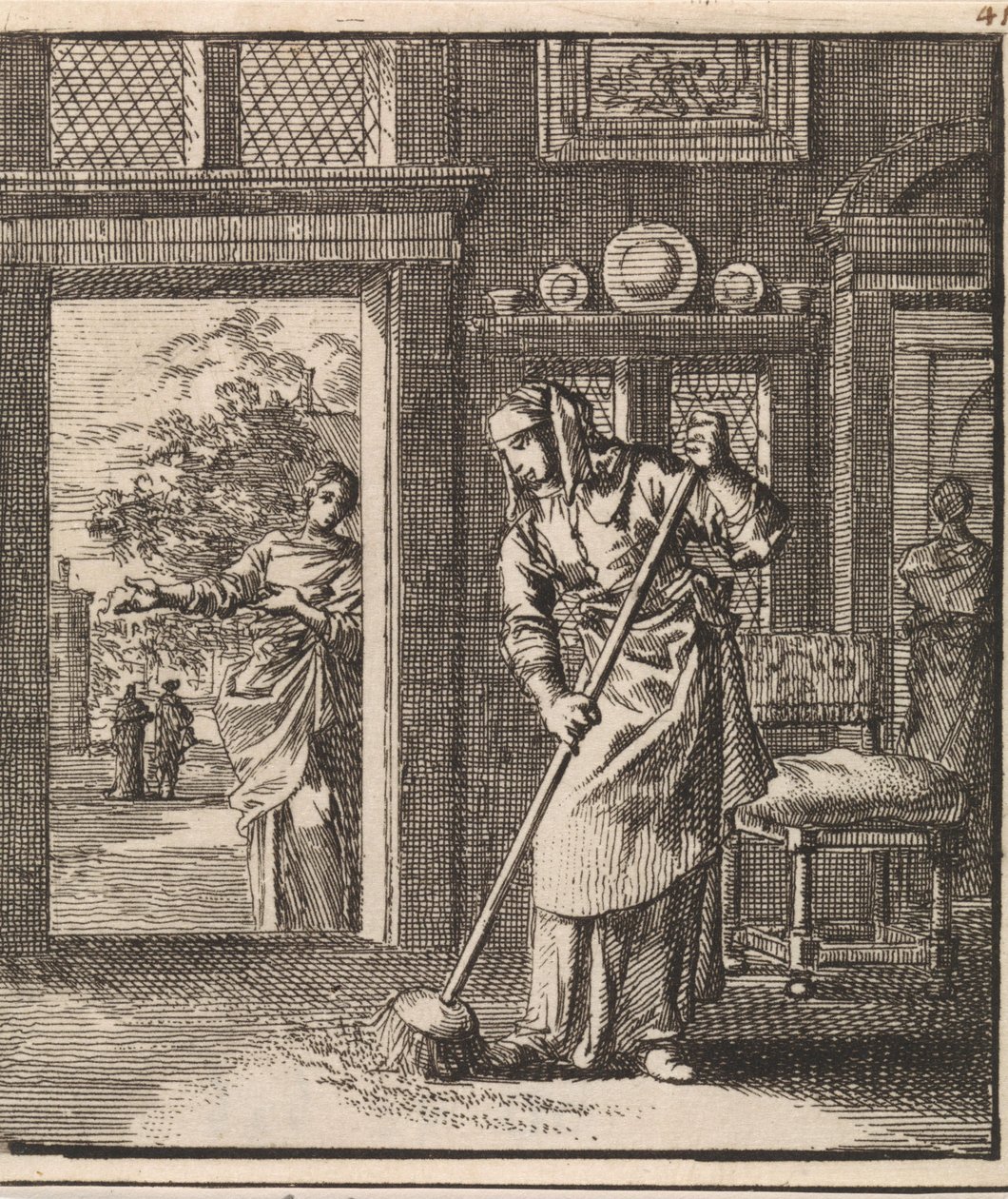 Donna che spazza il pavimento di una casa da Jan Luyken