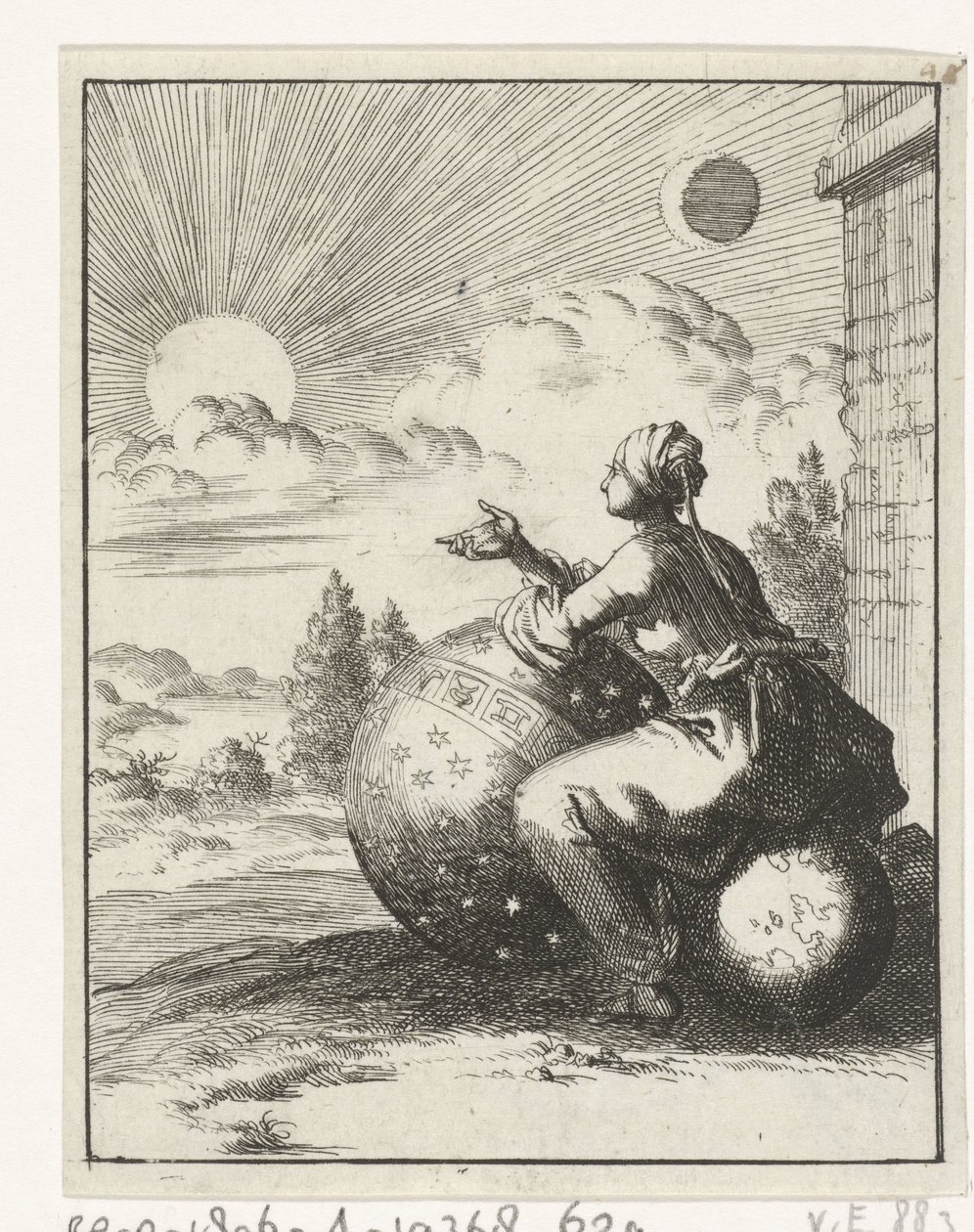 Donna seduta su un globo terrestre e appoggiata a un globo celeste che guarda il tramonto da Jan Luyken