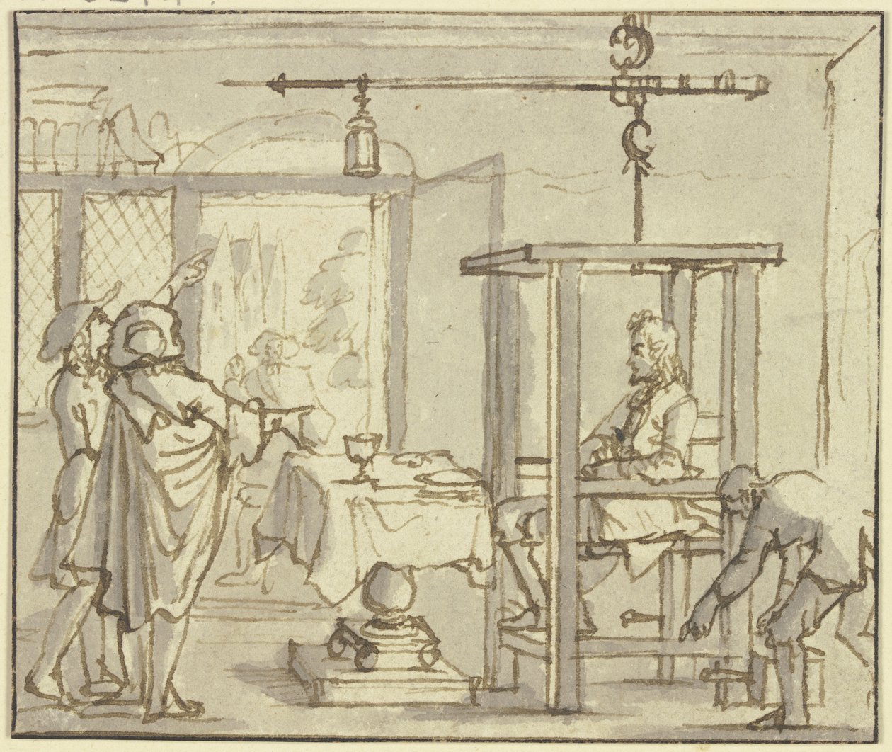 Due medici fanno pesare un uomo su una bilancia dopo il pasto da Jan Luyken