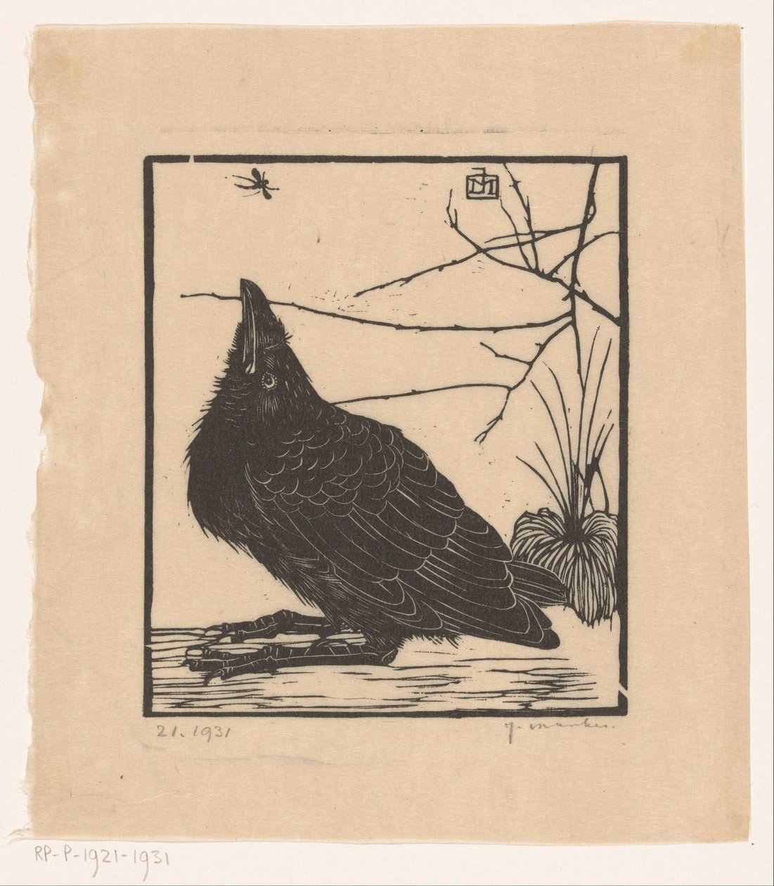 Corvo che guarda in alto verso una zanzara da Jan Mankes (signed by artist)