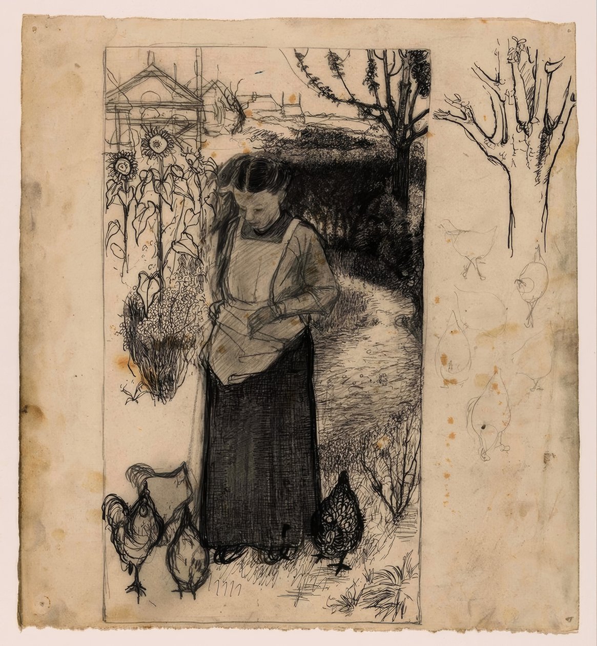 Annie Mankes-Zernike che nutre i polli, a destra: studi di un albero e di polli da Jan Mankes