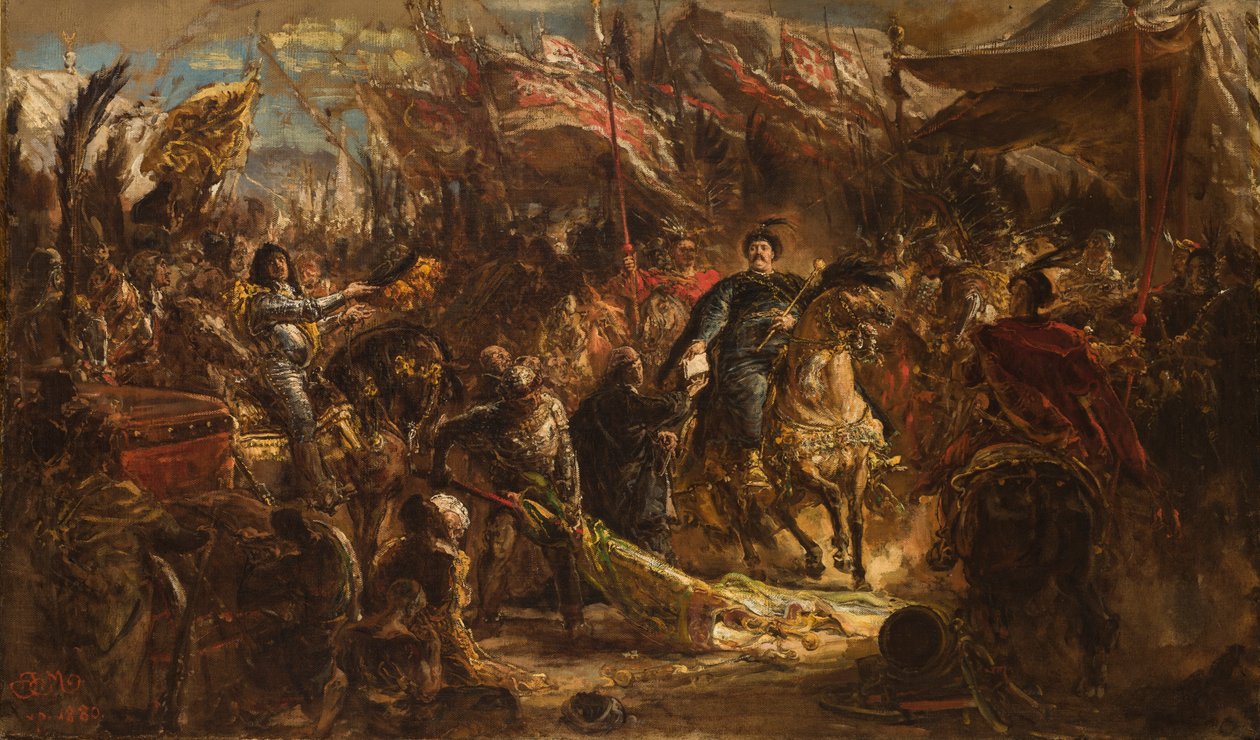 Jan III Sobieski consegna al canonico Denhoff una lettera al Papa con la notizia della vittoria sui Turchi a Vienna nel 1683 da Jan Matejko