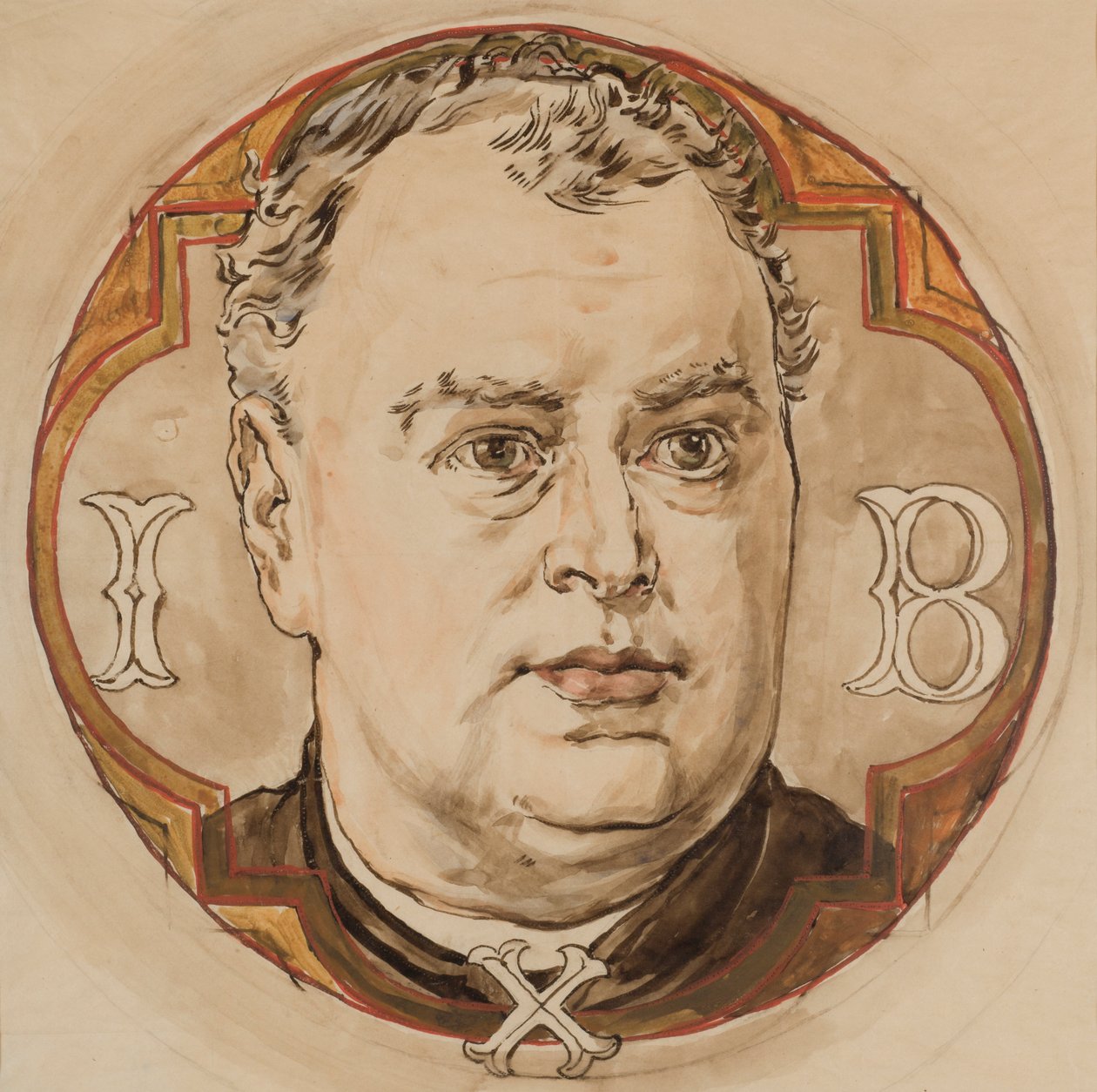 Cartone per la policromia della Chiesa di Santa Maria - Testa maschile e lettere «I, B, X» (don Jan Bukowski) da Jan Matejko