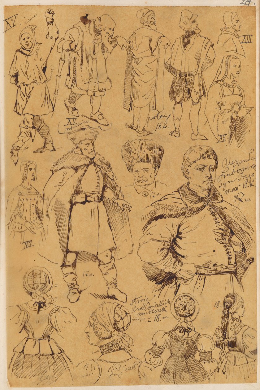 Skarbczyk. Vierzehn Personen: Männer und Frauen in Kostümen aus dem XIII., XV., XVI., XVII. und XVIII. Jahrhundert da Jan Matejko
