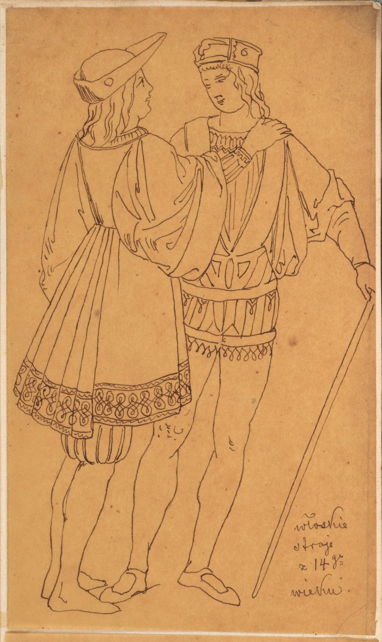 Skarbczyk. Zwei stehende Männer in italienischen Kostümen aus dem 14. Jahrhundert da Jan Matejko